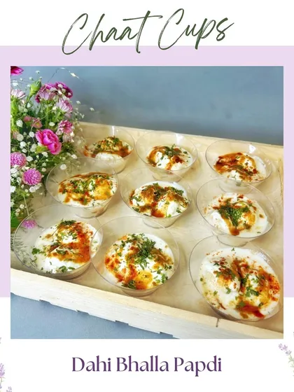 Our Dahi Bhalla Papdi chaat cups. A delightful and mess-free way to enjoy a classic Indian street food favorite at your party.