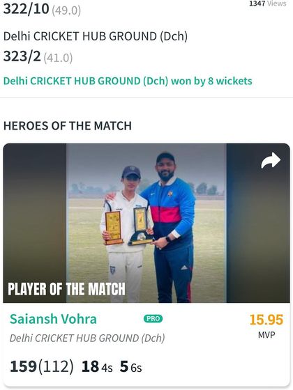 The scorecard showing Saiansh Vohra's match-winning 159 runs. He is a player who consistently delivers under pressure.
