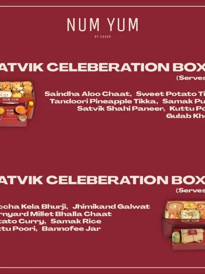 For a pure and delicious festive meal, try my Satvik Celebration Boxes. You can choose from options like Tandoori Pineapple Tikka and Satvik Shahi Paneer or Kaccha Kela Bhurji and Barnyard Millet Bhalla Chaat.