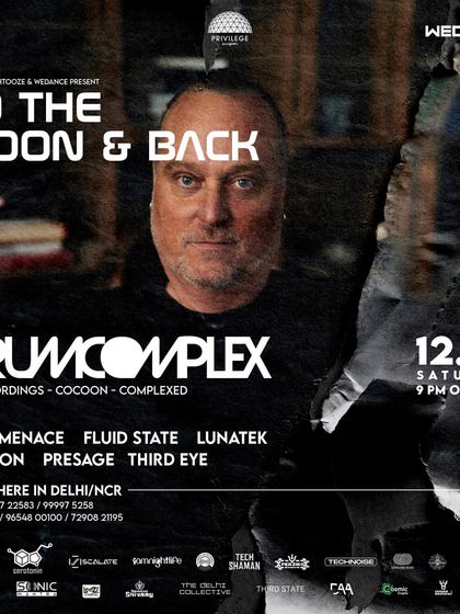 The flyer for 'To The Moon & Back', an open-air techno gathering where I played alongside German techno heavyweight Drumcomplex.