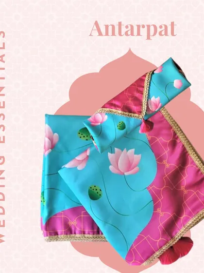 The antarpat is a key wedding essential, and I offer many beautiful designs. This one features a vibrant lotus print, perfect for a modern yet traditional ceremony.