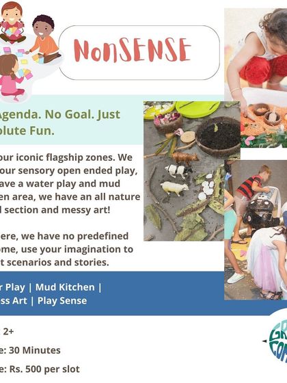 Our "NonSENSE" zone is all about absolute fun with no agenda. This graphic explains our philosophy of open-ended play, featuring water tables, mud kitchens, and messy art for pure, imaginative enjoyment.