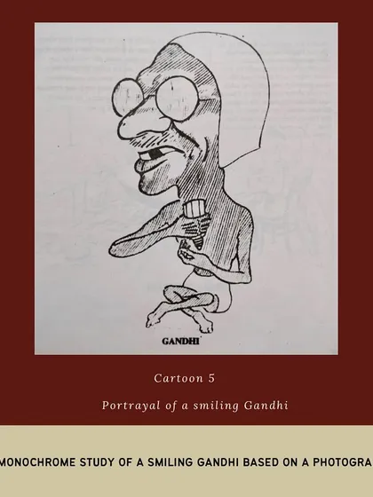 A monochrome caricature of a smiling Gandhi. The frequent depiction of his physical appearance in cartoons made him an instantly recognizable global figure, and these portrayals often carried complex layers of admiration and ridicule.