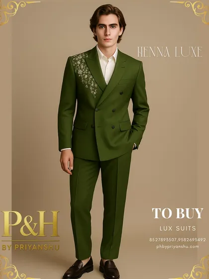 A modern, double-breasted suit in olive green, featuring asymmetrical floral embroidery on the lapel. This is a fashion-forward choice for any wedding celebration.