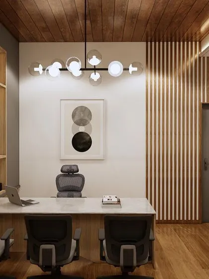 This render showcases the manager's desk area with extensive built-in shelving, demonstrating a design that is both highly functional and aesthetically pleasing.
