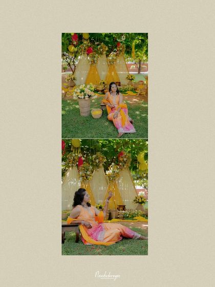 A collage showing the bride in two different poses against her Haldi decor. This highlights both her personality and the beautiful setup of the event.