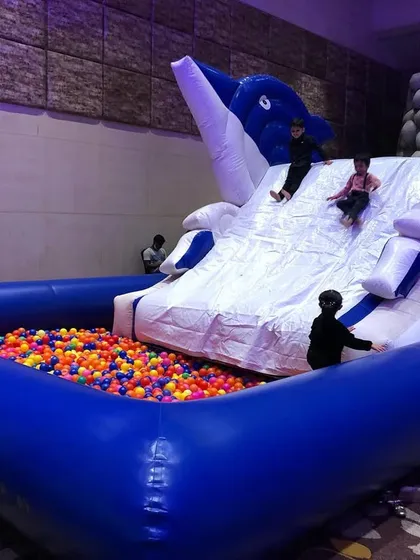 Make a splash with our giant inflatable Dolphin Slide and Ball Pit. This large-scale attraction is perfect for birthdays and corporate family days, providing a safe and exciting sliding experience for kids who land in a pool of colorful balls.