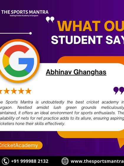 A 5-star Google review from Abhinav, who calls our academy the best in Gurgaon. He praises the lush green grounds and the availability of nets for effective practice.