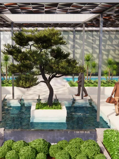 A conceptual design showing a central water feature with a specimen tree, crossed by modern, minimalist walkways. This illustrates our approach to integrating water as a core architectural element in a landscape.