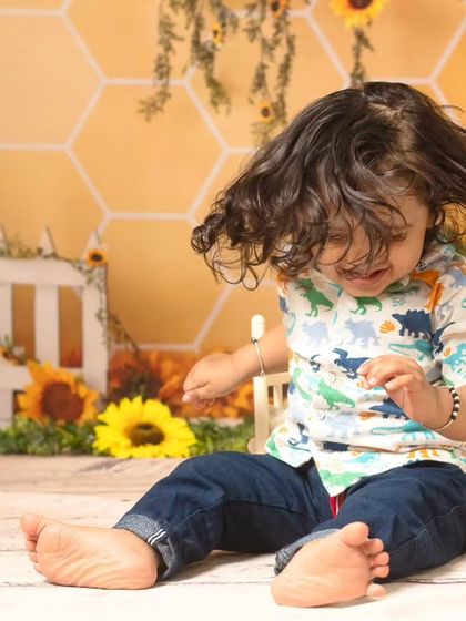 A collection of candid and playful moments from a sunflower-themed session, showing a range of expressions from curious to joyful.