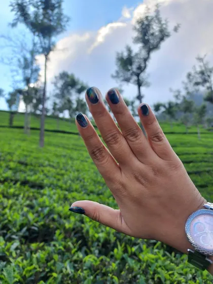 The black holographic nails pictured in a beautiful outdoor setting, showing how the effects look in natural light.