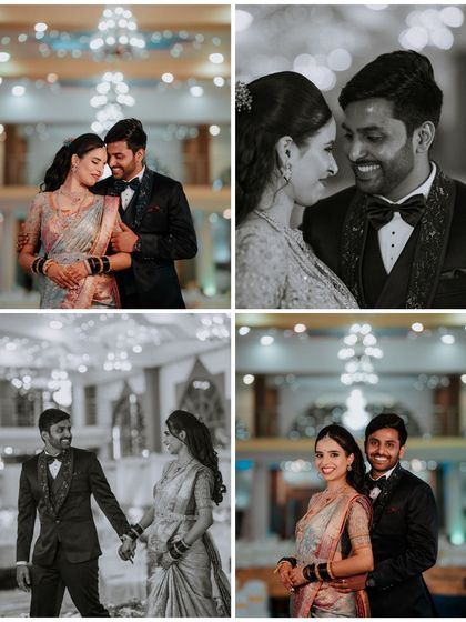 A beautiful reception portrait collage, showing the couple in both formal poses and candid interactions. The mix of color and monochrome adds artistic variety.