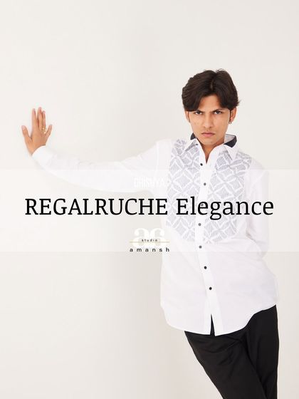 A stylized shot with a "Regal Ruche Elegance" text overlay, perfectly capturing the sophisticated and artful nature of this custom designer shirt.