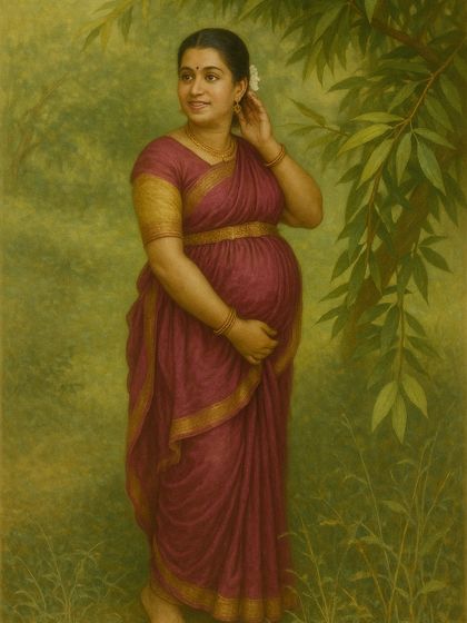 A classic portrait of a mother-to-be in a traditional saree, standing in a natural, painterly setting. The image evokes a sense of timeless grace and connection to nature.