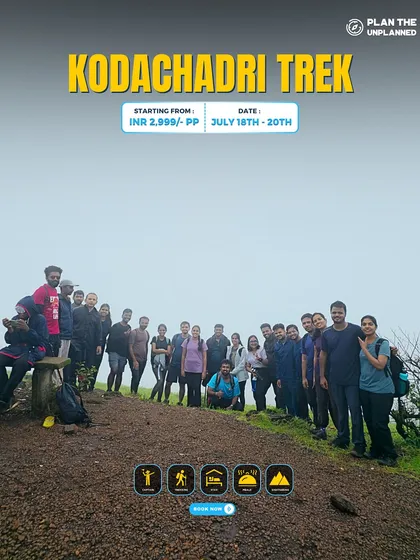 A group of trekkers on the misty trail of the Kodachadri trek.