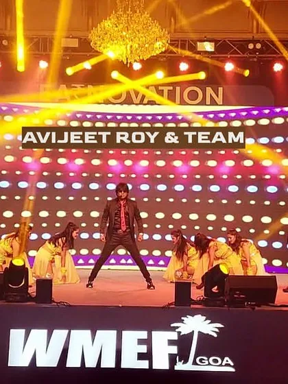 The full stage setup for the WMEF event in Goa. The branding on the stage and the grand lighting show our experience with high-profile corporate forums.