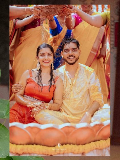 A collage capturing the joy of the Haldi ceremony, with the couple smiling as they are showered with water and petals.
