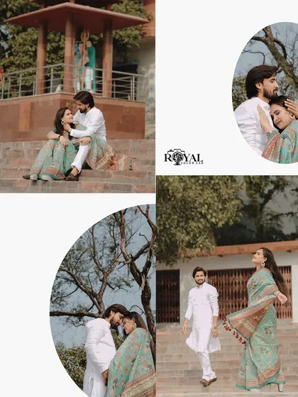 A creative collage using circular frames to highlight intimate moments of a couple in ethnic attire at a temple ghat.