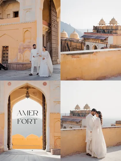 A collage showcasing various angles and moments from a pre-wedding shoot at Amer Fort. This format helps tell a more complete story of the couple's time at this magnificent location.