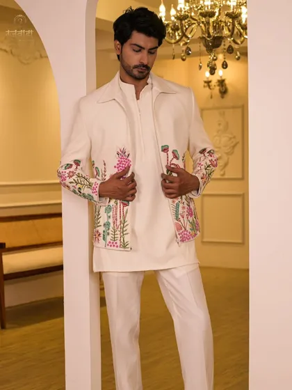 Our ivory floral embroidered jacket paired with a matching kurta and trousers. This full-length view shows the outfit's clean lines and modern silhouette, perfect for a sophisticated daytime wedding event.
