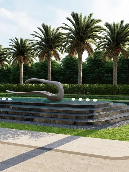 A concept for a commercial complex in Kolkata, featuring a dramatic, fluid landscape design. A stepped water feature with an abstract sculpture is set against a backdrop of palm avenues, adding luxury and elegance.
