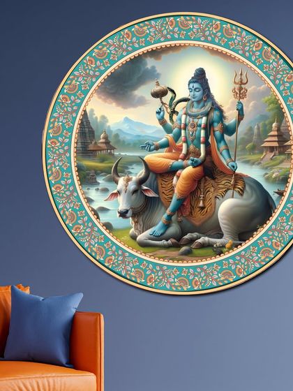 A remarkable fabric-embossed painting of Lord Mahadev with Nandi. The circular format and unique, detailed frame make this a standout piece that brings a sense of divine calm to your space.