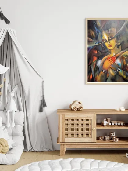 My painting 'TUNING HEART' shown in a beautifully decorated children's room, adding a touch of warmth and art.