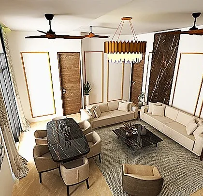 A top-down view from our 3D design, showing the complete layout of the open-plan living and dining area. This helps clients visualize the flow and scale of the space before we start building.
