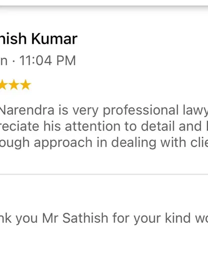 I am grateful for the trust my clients place in me. This 5-star review from Mr. Sathish Kumar highlights my professional and thorough approach, which is something I strive for in every case I handle, whether it's a property dispute or a consumer complaint.