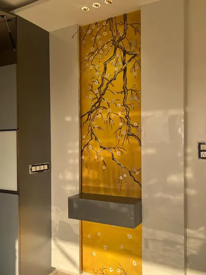 This textured wall art on a narrow vertical panel turned out so perfectly. I love the shades of yellow with the cherry blossom tree.