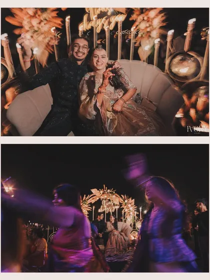 A collage showing the couple's joy and the lively atmosphere of the party, from their cozy seating to the energetic dance floor.