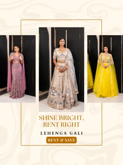 Shine bright, rent right. This collection features a lavender embroidered piece, a classic ivory lehenga, and a vibrant yellow cape set, perfect for any festive occasion.