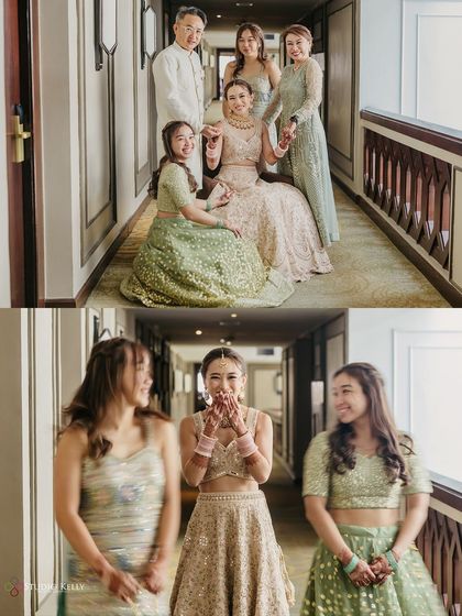 A collage of the bride sharing happy moments with her family and bridesmaids in a hotel corridor before the ceremony.