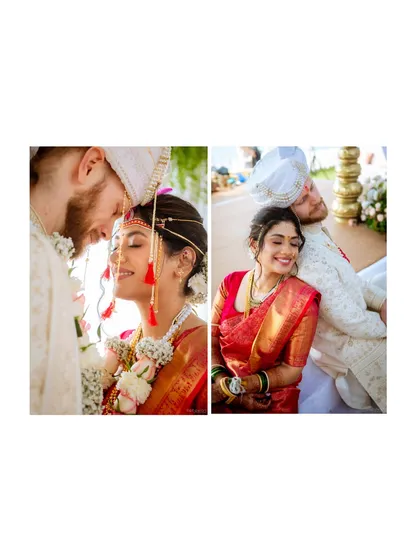 Two beautiful moments from the wedding, showcasing the couple's joy and the bride's radiant look.