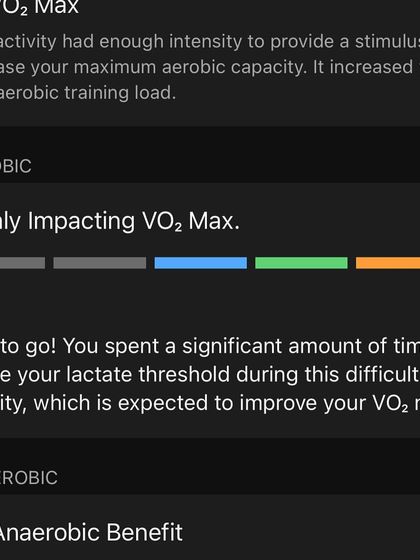 A VO2 Max of 4.9 from a tough workout. This screen shows that the activity was difficult but highly effective at improving aerobic capacity.