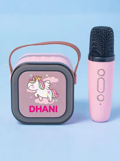 Turn up the volume with our personalised karaoke speaker and microphone set. This one features a cute unicorn theme for 'Dhani'.