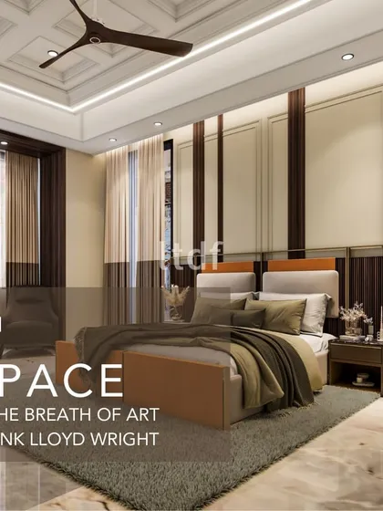 This bedroom transforms into a haven of sophistication, blending comfort with artistic elegance. We used refined wall paneling and a coffered ceiling to evoke a sense of timeless luxury, creating a serene retreat for restful indulgence.