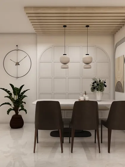 Another perspective of the dining space, highlighting the clean lines of the table and the subtle elegance of the paneled wall and wooden ceiling accent.