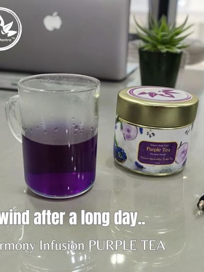 My Purple Tea is a unique harmony infusion of Hibiscus and Blue Pea. I love seeing it on a desk, ready to help you unwind and find a moment of peace after a long day of work.