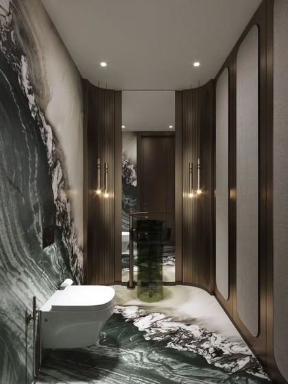 These renders explore a dramatic powder room, showcasing the continuation of the bold, artistic marble from the floor up the wall. The different angles reveal the curved wood paneling and the unique freestanding sink.