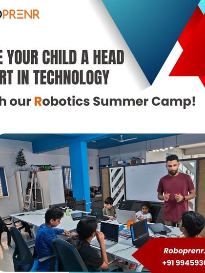 A promotion for our summer camp, giving a glimpse into our classroom where an instructor guides students. We offer a head start in technology.