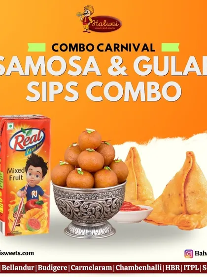 Join our combo carnival with the Samosa and Gulab Sips combo. It is the perfect pairing of a savory snack, a sweet dessert, and a refreshing fruit juice box.