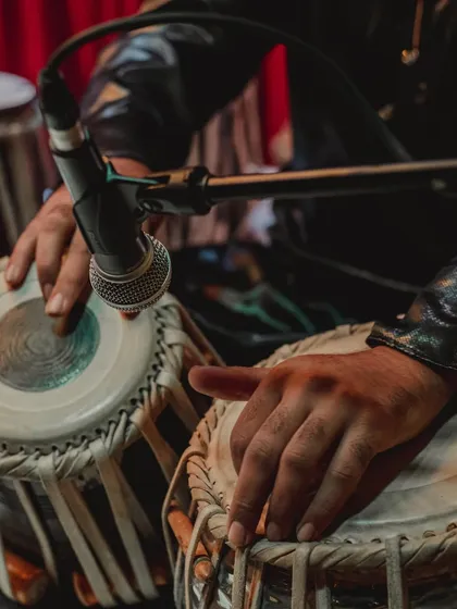 A close-up of my hands on the tabla during the Depot 48 gig.