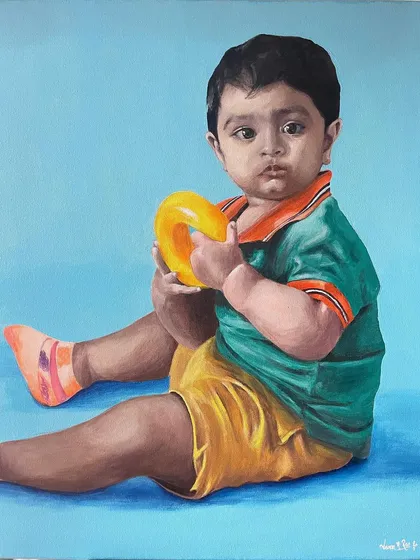 This is a portrait of my nephew, a piece that is very close to my heart. Capturing the innocence and gentle expression of a child is a delicate process, and I even repainted the face to get it just right. It’s this attention to detail that I bring to every personalized portrait.