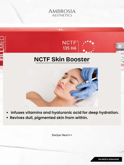 The NCTF Skin Booster is a revitalizing treatment that infuses the skin with vitamins and hyaluronic acid. It provides deep hydration and helps repair dull, pigmented skin from within.