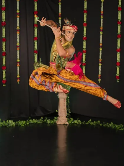 Capturing the dynamic energy of Lord Krishna in a leap. This photo from our Kathak production shows the blend of athleticism and grace that classical dance requires.