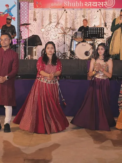 On stage with the organizers and fellow performers at the Shubh Avsar Garba night in Surat. It's a team effort to create such a magical event for the audience.