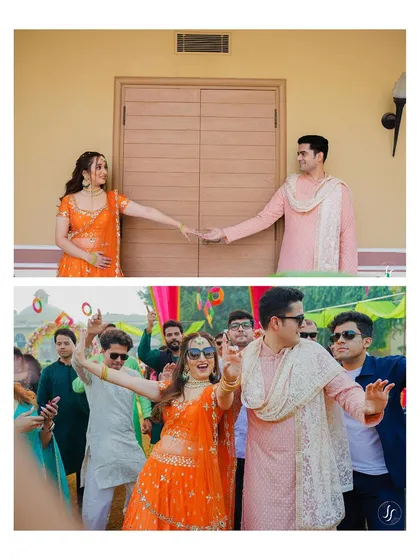 A collage capturing the couple's fun entrance and dance with friends at their Mehendi.