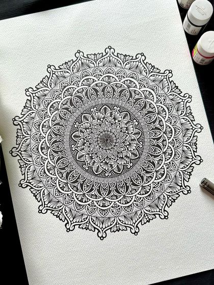 A full A3 view of this classic black and white mandala. The large format allows for even more detail and complexity, making it a truly immersive piece to create and to look at.