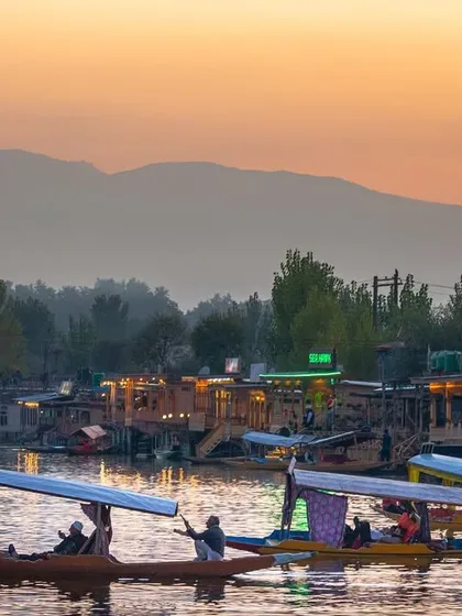 Shikaras on Dal Lake in Srinagar at sunset. The warm evening light reflects on the water, with the famous houseboats in the background.